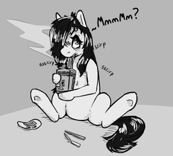 Size: 500x450 | Tagged: safe, artist:keeponhatin, oc, oc only, oc:floor bored, earth pony, pony, chopsticks, dialogue, eating, female, food, grayscale, hoof hold, instant noodles, mare, monochrome, noodles, onomatopoeia, ramen, ramen face, sitting, solo, underhoof