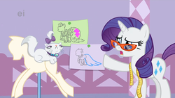 Size: 1680x945 | Tagged: safe, screencap, fluttershy, opalescence, pinkie pie, rarity, cat, pony, unicorn, g4, suited for success, clothes, dignified wear, dress, ei, female, gala dress, glasses, mannequin, mare, measuring tape, ponyquin, sketch