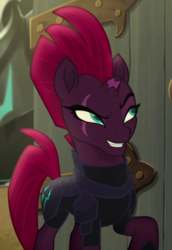 Size: 489x709 | Tagged: safe, screencap, tempest shadow, pony, unicorn, g4, my little pony: the movie, armor, broken horn, cropped, eye scar, female, horn, klugetown, mare, mocking, raised eyebrow, raised hoof, scar, smiling, smirk, solo