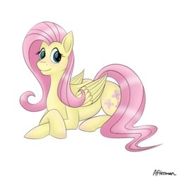 Size: 1500x1500 | Tagged: dead source, safe, artist:afterman, fluttershy, pegasus, pony, g4, crossed arms, looking at you, lying down, simple background, smiling, transparent background