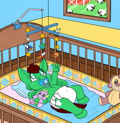 Size: 2242x2311 | Tagged: safe, artist:yookey, spike, oc, oc:northern haste, anthro, unguligrade anthro, g4, baby, baby pony, cloth diaper, crib, crib mobile, cute, diaper, foal, high res, male, mobile, pacifier, plushie, ych result