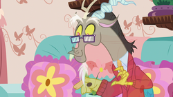 Size: 1280x720 | Tagged: safe, screencap, discord, draconequus, discordant harmony, g4, clothes, discord's house, fading, glasses, male, monochrome, smiling, solo, sweater, transparent