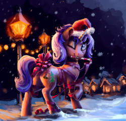 Size: 1500x1442 | Tagged: safe, artist:nemo2d, artist:shpinat9, oc, oc only, pony, bow, candy, candy cane, christmas, collaboration, female, food, hat, holiday, mare, new year, night, ribbon, santa hat, snow, solo, tail bow