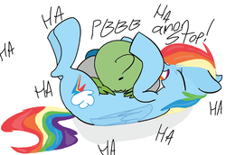 Size: 913x628 | Tagged: safe, artist:dotkwa, color edit, edit, rainbow dash, oc, oc:anon, human, pony, g4, :3, colored, cute, dashabetes, human on pony snuggling, interspecies, laughing, snuggling, tickling, tummy buzz