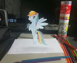 Size: 512x415 | Tagged: safe, artist:metal-jacket444, rainbow dash, pegasus, pony, g4, coloring, cut paper, floating, flying, illusion, looking at you, paper, pencil drawing, real life background, realistic, traditional art