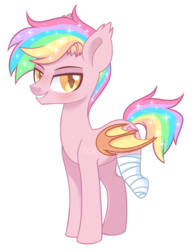 Size: 2087x2713 | Tagged: safe, artist:hawthornss, oc, oc only, oc:origami, oc:paper stars, bat pony, amputee, bandage, bedroom eyes, cute, cute little fangs, ear fluff, fangs, high res, lightly watermarked, looking at you, missing limb, rainbow hair, rule 63, simple background, transparent background, watermark