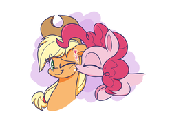 Size: 1050x750 | Tagged: safe, artist:heir-of-rick, applejack, pinkie pie, earth pony, pony, g4, cheek kiss, female, hat, heart, kissing, lesbian, mare, ship:applepie