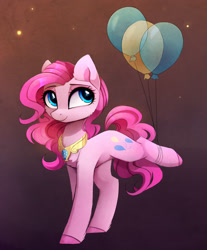 Size: 2382x2880 | Tagged: safe, artist:magnaluna, pinkie pie, earth pony, pony, g4, alternate hairstyle, balloon, cute, diapinkes, element of laughter, female, high res, looking up, mare, raised leg, smiling, solo, unshorn fetlocks