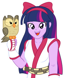 Size: 2104x2408 | Tagged: safe, artist:sumin6301, owlowiscious, twilight sparkle, bird, owl, equestria girls, g4, bow, clothes, cosplay, costume, female, fingerless gloves, gloves, hair bow, high res, looking at you, nakoruru, open mouth, samurai shodown, samurai spirits, simple background, smiling, white background