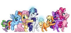 Size: 5357x2480 | Tagged: safe, artist:cutepencilcase, applejack, fluttershy, pinkie pie, rainbow dash, rarity, spike, twilight sparkle, alicorn, dragon, earth pony, pegasus, pony, unicorn, g4, conga, female, horn, magic, mane seven, mane six, mare, simple background, telekinesis, transparent background, twilight sparkle (alicorn), wings