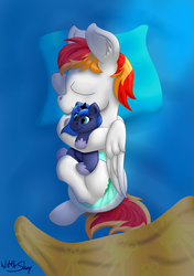 Size: 1800x2557 | Tagged: safe, artist:wittleskaj, princess luna, oc, oc:final cut, pegasus, pony, g4, baby, baby pony, blanket, colt, cute, diaper, foal, hoof sucking, male, plushie, ych result