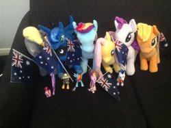 Size: 1024x764 | Tagged: safe, artist:didgereethebrony, applejack, daring do, derpy hooves, fili-second, fluttershy, pinkie pie, princess cadance, princess flurry heart, princess luna, rainbow dash, rarity, shining armor, g4, australia day, australian flag, plushie, power ponies, toy