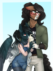 Size: 2947x3921 | Tagged: safe, artist:askbubblelee, oc, oc only, oc:pandie, oc:walter nutt, earth pony, pegasus, anthro, anthro oc, blushing, clothes, death by coffee, female, food, glasses, high res, ice cream, male, mare, oc x oc, overalls, pants, pigtails, red eyes, shipping, shirt, size difference, slit pupils, smiling, stallion, straight, twintails