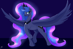 Size: 3700x2503 | Tagged: safe, artist:nexcoyotlgt, princess luna, alicorn, pony, g4, female, high res, mare, raised hoof, signature, solo, spread wings, wings