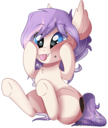 Size: 1024x1207 | Tagged: safe, artist:donutnerd, oc, oc only, oc:sweet tooth, bat pony, pony, bat pony oc, birth mark, blushing, cheeks, chest fluff, fangs, female, fluffy, hooves up, mare, silly, silly pony, simple background, sitting, solo, squashing, squishy, tongue out, transparent background, ych result