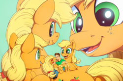 Size: 8000x5268 | Tagged: safe, artist:tsitra360, applejack, earth pony, human, pony, g4, absurd resolution, clothes, eyes closed, female, floppy ears, freckles, giant pony, green background, hat, hatless, human male, jackletree, macro, male, mare, micro, missing accessory, multeity, open mouth, prone, self ponidox, simple background, sitting on lap, size difference, sleeping, smiling