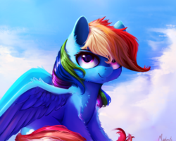Size: 2500x2000 | Tagged: safe, artist:miokomata, rainbow dash, pegasus, pony, g4, cloud, female, high res, mare, multicolored hair, sky, smiling, solo