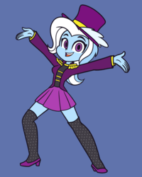 Size: 2800x3500 | Tagged: safe, artist:khuzang, trixie, equestria girls, g4, my little pony equestria girls: better together, street magic with trixie, animatic, blue background, clothes, commission, cute, diatrixes, female, hat, high heels, high res, leggings, pleated skirt, pony history, shoes, simple background, skirt, socks, solo, stockings, storyboard, street magic, thigh highs, top hat