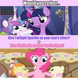 Size: 720x720 | Tagged: safe, pinkie pie, princess flurry heart, twilight sparkle, alicorn, pony, g4, foal, image macro, meme, twilight sparkle (alicorn), would you rather
