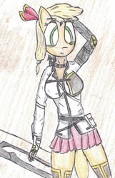 Size: 806x1255 | Tagged: safe, artist:sovietpone, applejack, earth pony, anthro, g4, clothes, female, socks, solo, thigh highs, traditional art, weapon