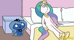 Size: 1980x1080 | Tagged: artist needed, source needed, safe, edit, princess celestia, princess luna, g4, bed, discovery family logo, family guy, lois griffin, male, parody, stewie griffin, why