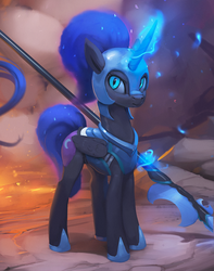 Size: 946x1200 | Tagged: safe, artist:rodrigues404, nightmare moon, alicorn, pony, g4, armor, female, glowing horn, halberd, helmet, horn, looking at you, magic, mare, solo, telekinesis, weapon