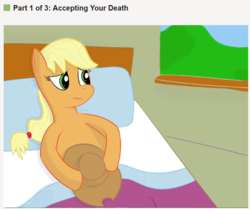 Size: 674x564 | Tagged: artist needed, safe, applejack, earth pony, pony, g4, bed, drawthread, female, implied death, on back, pillow, ponified meme, solo, wikihow