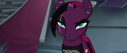 Size: 1920x802 | Tagged: safe, artist:/d/non, edit, editor:/d/non, screencap, tempest shadow, pony, unicorn, g4, my little pony: the movie, broken horn, ear piercing, edgehorse, emo, eye scar, eyeshadow, female, horn, industrial bar, lidded eyes, lip piercing, makeup, mare, my chemical romance, piercing, scar, solo