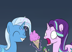 Size: 1780x1280 | Tagged: safe, artist:phat_guy, derpibooru exclusive, spike, starlight glimmer, trixie, dragon, pony, unicorn, g4, eyes closed, female, food, glowing horn, gradient background, hocus pocus (spongebob episode), horn, ice cream, ice cream spike, jaw drop, levitation, magic, male, mare, open mouth, pistachio (ice cream), shocked, smiling, spongebob squarepants, telekinesis, trio, wat, when you see it, wide eyes