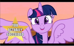 Size: 1440x900 | Tagged: safe, twilight sparkle, alicorn, pony, totally legit recap, g4, congratulations, female, good end, looking at you, meme, reaction image, smiling, solo, spread wings, subverted meme, success, twilight sparkle (alicorn), wings, you tried