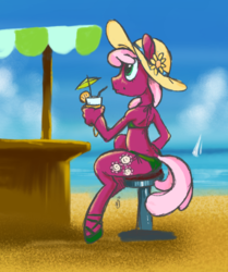 Size: 583x698 | Tagged: safe, artist:skrapbox, cheerilee, earth pony, anthro, unguligrade anthro, g4, beach, bikini, clothes, drink, female, hat, shoes, side view, sitting, solo, stool, sun hat, swimsuit