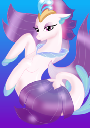 Size: 2893x4092 | Tagged: safe, artist:eternalcherryblossom, queen novo, seapony (g4), g4, my little pony: the movie, bioluminescent, blue background, colored pupils, crown, eyelashes, female, fin wings, fins, fish tail, flowing mane, jewelry, looking at you, ocean, purple eyes, purple tail, regalia, simple background, smiling, solo, underwater, water, wings