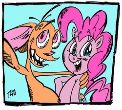 Size: 1280x1151 | Tagged: safe, artist:grotezco, pinkie pie, chihuahua, dog, earth pony, pony, g4, crossover, female, male, mare, ren and stimpy, ren hoek, selfie, smiling