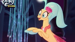 Size: 1280x720 | Tagged: safe, screencap, princess skystar, seapony (g4), g4, my little pony: the movie, blue mane, blue tail, bubble, clothes, colored pupils, coral, crepuscular rays, cropped, cute, dorsal fin, eyeshadow, faic, female, fin, fin wings, fins, floppy ears, flower, flower in hair, flowing mane, glowing, jewelry, laughing, makeup, necklace, ocean, open mouth, open smile, pearl necklace, regalia, scales, seaquestria, seashell necklace, see-through, smiling, solo, swimming, tail, throne, throne room, underwater, water, wings