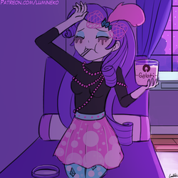 Size: 750x750 | Tagged: safe, artist:lumineko, rarity, display of affection, eqg summertime shorts, equestria girls, equestria girls series, g4, good vibes, clothes, comfort eating, crying, eating, female, food, ice cream, italian, italy, makeup, marshmelodrama, mascara, mascarity, raritights, rarity being rarity, running makeup, sad, solo, sweater, turtleneck