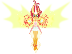 Size: 6000x4544 | Tagged: safe, artist:limedazzle, sunset shimmer, equestria girls, g4, absurd resolution, clothes, daydream shimmer, dress, female, glowing horn, horn, looking at you, overpowered, show accurate, simple background, solo, transparent background