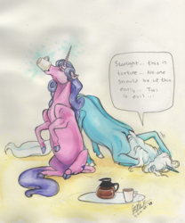 Size: 1024x1228 | Tagged: safe, artist:sagastuff94, starlight glimmer, trixie, classical unicorn, pony, unicorn, g4, cloven hooves, coffee, dialogue, drinking, duo, horn, leonine tail, tired, traditional art, unshorn fetlocks