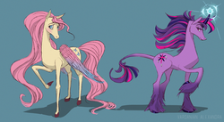 Size: 3278x1800 | Tagged: safe, artist:maaronn, fluttershy, twilight sparkle, classical unicorn, horse, pegasus, pony, unicorn, g4, cloven hooves, colored wings, duo, female, horn, leonine tail, mare, unshorn fetlocks