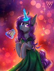 Size: 917x1200 | Tagged: safe, artist:margony, oc, oc only, pony, unicorn, cake, clothes, commission, dress, female, food, glowing horn, green dress, horn, magic, mare, smiling, solo