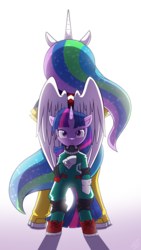 Size: 1080x1920 | Tagged: safe, artist:vavacung, princess celestia, twilight sparkle, alicorn, pony, unicorn, g4, all might, all might's hero costume, anime, clothes, crossover, deku's hero costume, female, horn, izuku midoriya, mare, mentor and protege, my hero academia, quirked pony, shoes, standing, teacher and student, wings