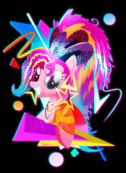 Size: 1024x1402 | Tagged: safe, artist:ii-art, pinkie pie, earth pony, pony, friendship through the ages, g4, abstract background, bust, female, jewelry, necklace, new wave pinkie, portrait, smiling, solo, vaporwave