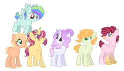 Size: 2545x1452 | Tagged: safe, artist:jaysey, oc, oc only, earth pony, pegasus, pony, unicorn, base used, blank flank, female, interspecies offspring, magical lesbian spawn, mare, next generation, offspring, parent:applejack, parent:big macintosh, parent:caramel, parent:discord, parent:fleur-de-lis, parent:fluttershy, parent:pinkie pie, parent:rainbow dash, parent:rarity, parent:sunset shimmer, parent:twilight sparkle, parent:zephyr breeze, parents:carajack, parents:discopie, parents:fleurity, parents:fluttermac, parents:sunsetsparkle, parents:zephdash, simple background, transparent background