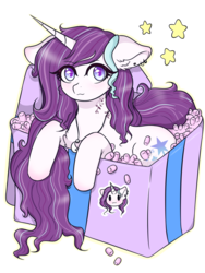 Size: 1024x1365 | Tagged: safe, artist:enderspringminer, oc, oc only, oc:magical brownie, pony, unicorn, box, female, mare, pony in a box, present, simple background, solo, transparent background