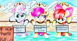 Size: 4128x2225 | Tagged: safe, artist:liaaqila, apple bloom, scootaloo, sweetie belle, earth pony, pegasus, pony, unicorn, g4, adorabloom, cute, cutealoo, cutie mark crusaders, derp, dialogue, diasweetes, ear fluff, female, filly, frown, gritted teeth, horn, leg fluff, liaaqila is trying to murder us, lidded eyes, looking at you, looking down, looking up, open mouth, photo op, pun, puns in the comments, pure unfiltered evil, sign, silly, silly face, silly filly, silly pony, smiling, speech bubble, stocks, traditional art, trio, underhoof, waving