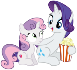 Size: 7700x7000 | Tagged: safe, artist:tardifice, rarity, sweetie belle, pony, unicorn, forever filly, g4, absurd resolution, female, filly, food, hoof hold, mare, open mouth, popcorn, simple background, sisters, sitting, transparent background, vector