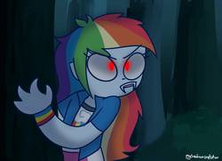 Size: 1378x999 | Tagged: safe, artist:psychodiamondstar, rainbow dash, vampire, equestria girls, g4, clothes, commission, fangs, female, forest, glowing eyes, red eyes, solo, wristband