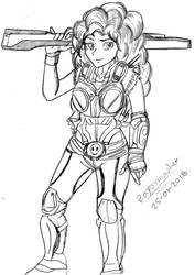 Size: 865x1222 | Tagged: safe, artist:rayoxmaster94, pinkie pie, human, g4, armor, crossover, female, gears of war, humanized, monochrome, solo, weapon