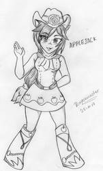Size: 876x1448 | Tagged: safe, artist:rayoxmaster94, applejack, equestria girls, g4, clothes, dress, fall formal outfits, female, monochrome, pony ears, solo, traditional art