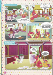 Size: 826x1169 | Tagged: safe, apple bloom, big macintosh, scootaloo, sugar belle, sweetie belle, earth pony, pegasus, pony, unicorn, g4, barn, comic, cutie mark crusaders, female, filly, magazine scan, male, mare, paint, painting, ponyville, stallion
