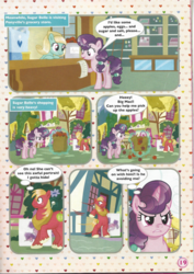 Size: 826x1169 | Tagged: safe, big macintosh, sugar belle, earth pony, pony, unicorn, g4, angry, apple, comic, female, food, grocery store, magazine scan, male, mare, ponyville, ship:sugarmac, shipping, stallion, straight